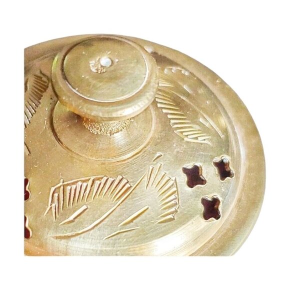 Set of 2 Vintage Etched Brass Trinket Bowls with Lid | 1970s Pedestal Dishes - Picture 7 of 10
